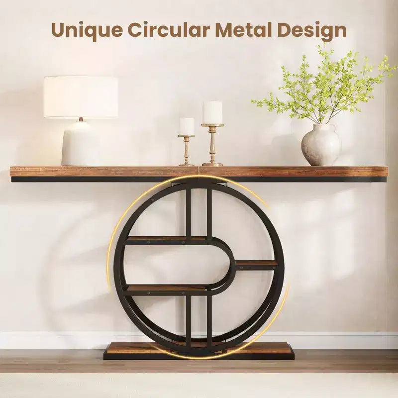 Console étroite de 55 pouces pour entrée, table de canapé rétro industrielle derrière le canapé avec cadre en fer robuste et plateau en bois pour couloir et salon
