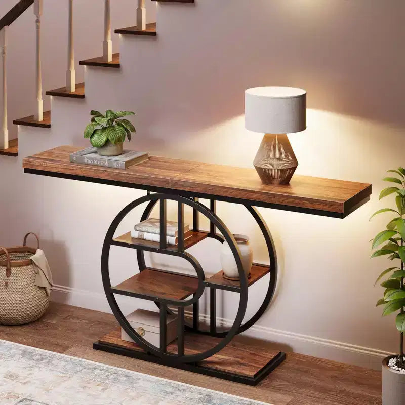 Console étroite de 55 pouces pour entrée, table de canapé rétro industrielle derrière le canapé avec cadre en fer robuste et plateau en bois pour couloir et salon