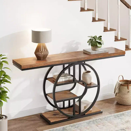 55 Narrow Console Table for Entryway, Retro Industrial Sofa Table Behind Couch with Heavy Duty Iron Frame & Wood Top for Hallway & Living Room
