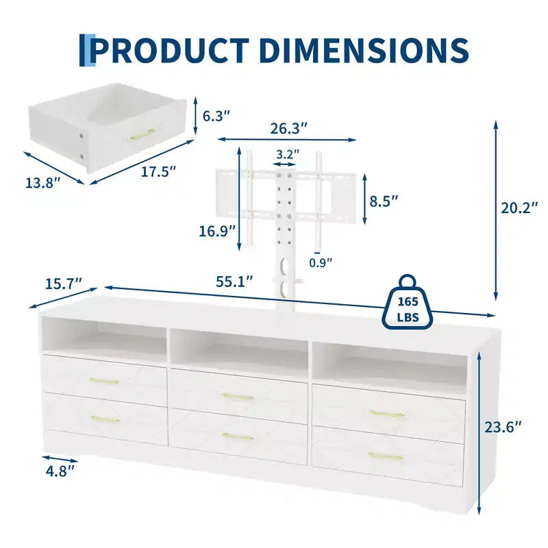 Meuble TV en bois avec support réglable en hauteur pour téléviseurs de 32 à 80 pouces, meuble de rangement à 6 tiroirs, console média pour salon et chambre