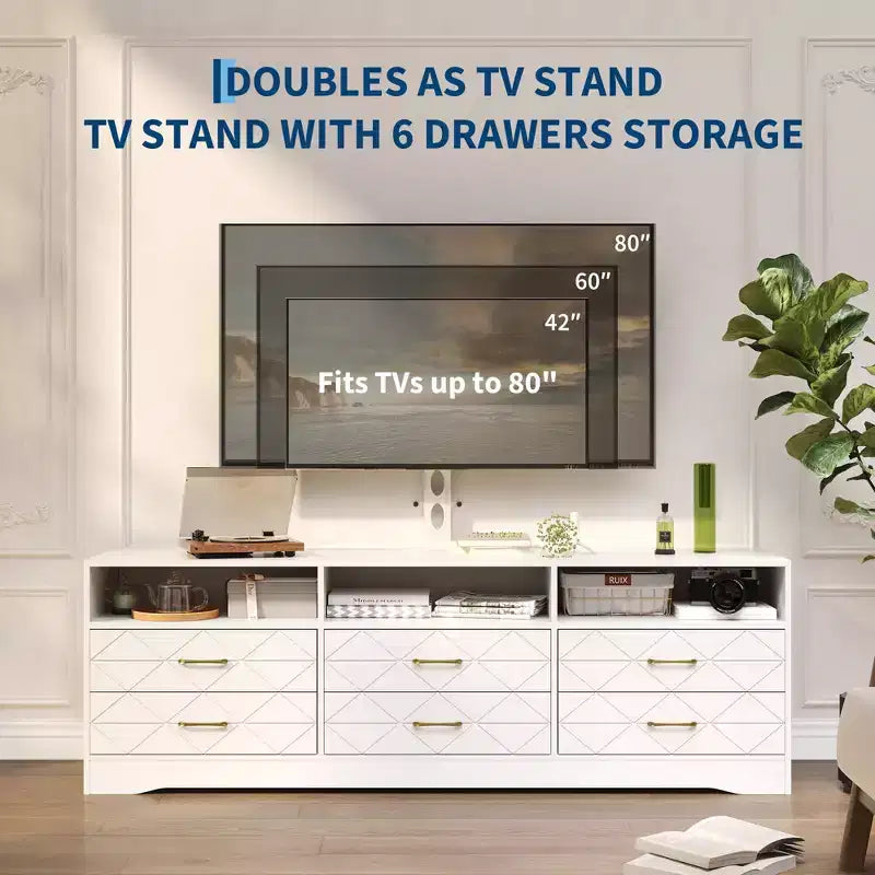 Meuble TV en bois avec support réglable en hauteur pour téléviseurs de 32 à 80 pouces, meuble de rangement à 6 tiroirs, console média pour salon et chambre