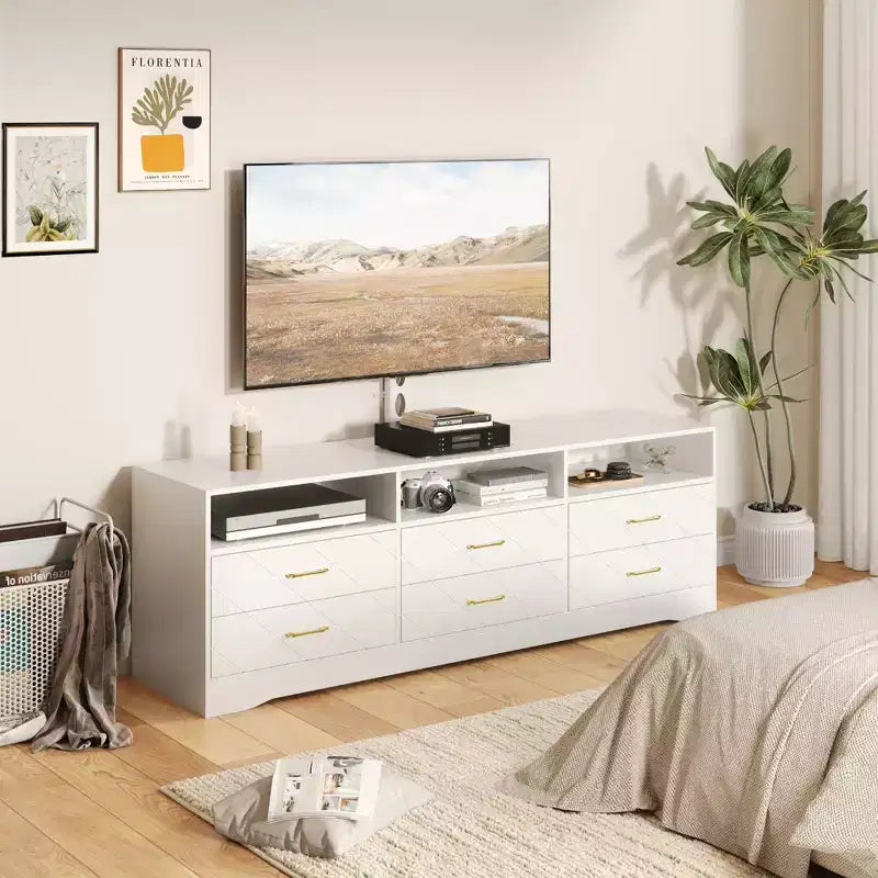 Meuble TV en bois avec support réglable en hauteur pour téléviseurs de 32 à 80 pouces, meuble de rangement à 6 tiroirs, console média pour salon et chambre