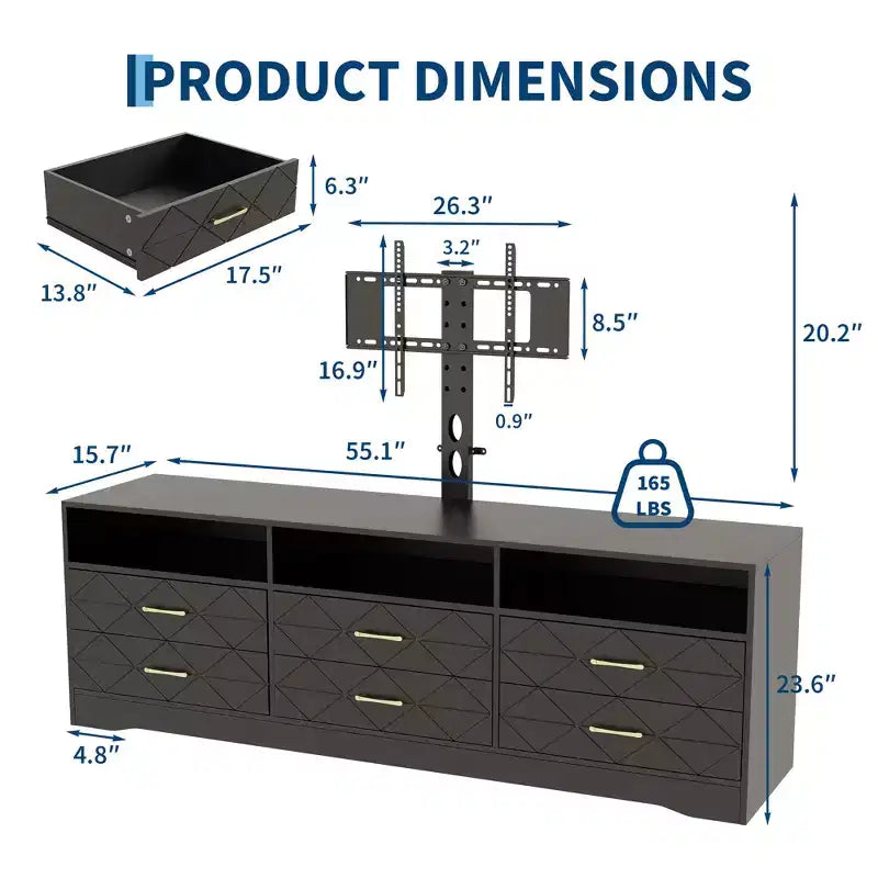 Meuble TV en bois avec support réglable en hauteur pour téléviseurs de 32 à 80 pouces, meuble de rangement à 6 tiroirs, console média pour salon et chambre