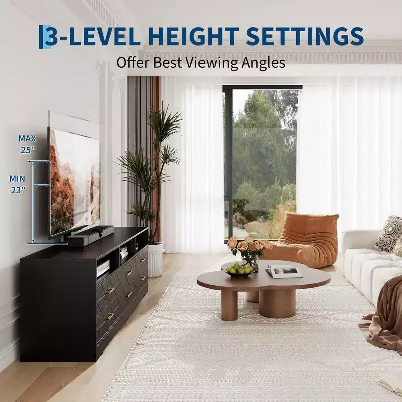 Meuble TV en bois avec support réglable en hauteur pour téléviseurs de 32 à 80 pouces, meuble de rangement à 6 tiroirs, console média pour salon et chambre