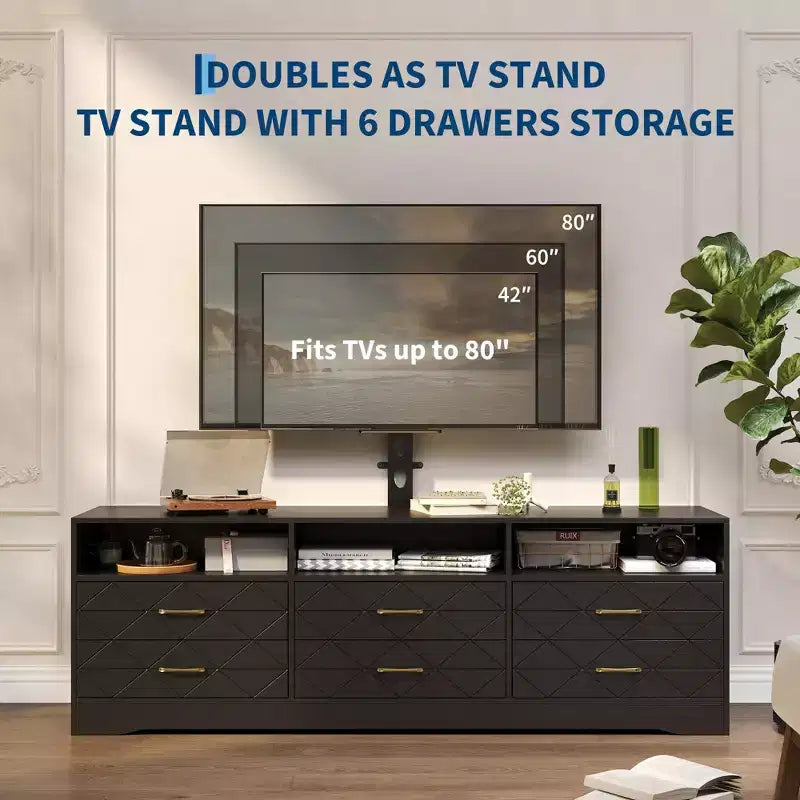 Meuble TV en bois avec support réglable en hauteur pour téléviseurs de 32 à 80 pouces, meuble de rangement à 6 tiroirs, console média pour salon et chambre