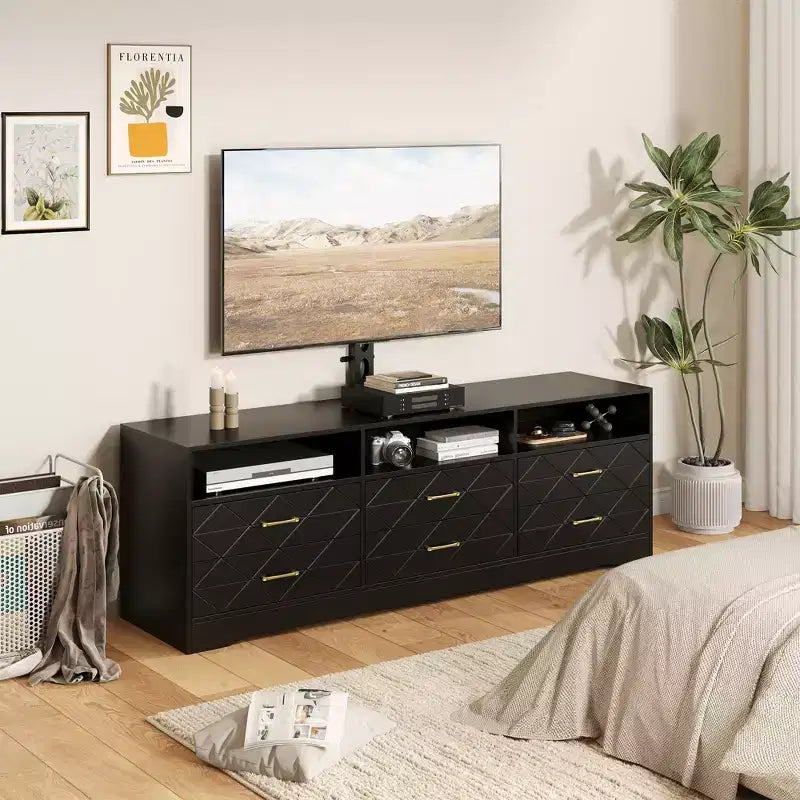 Meuble TV en bois avec support réglable en hauteur pour téléviseurs de 32 à 80 pouces, meuble de rangement à 6 tiroirs, console média pour salon et chambre