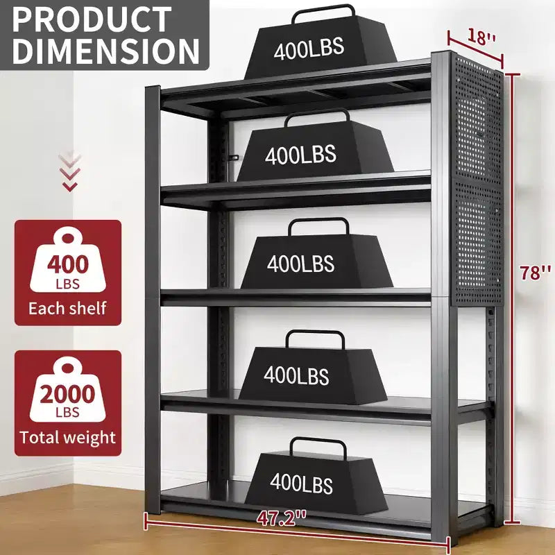 Étagère de rangement robuste à 5 niveaux réglables avec panneau perforé, unité de rayonnage industrielle en métal, rayonnage de rangement