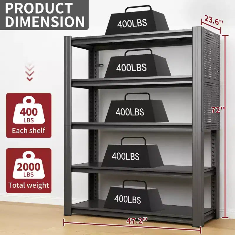 Étagère de rangement robuste à 5 niveaux réglables avec panneau perforé, unité de rayonnage industrielle en métal, rayonnage de rangement