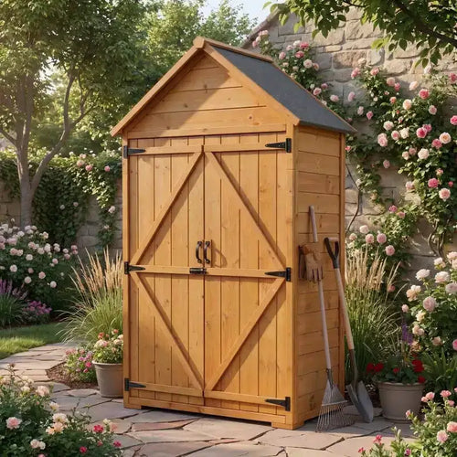 70 Wooden Garden Tool Shed with Shelves & Floor & Anti-Tipping Lockable Waterproof Outdoor Storage Cabinet for Patio, Backyard, Deck & Lawn