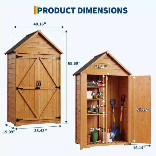 Abri de jardin en bois de 70 po avec étagères, plancher et serrure anti-basculement, armoire de rangement extérieure étanche pour patio, cour, terrasse et pelouse