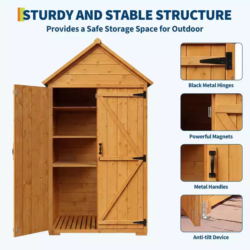 Abri de jardin en bois de 70 po avec étagères, plancher et serrure anti-basculement, armoire de rangement extérieure étanche pour patio, cour, terrasse et pelouse