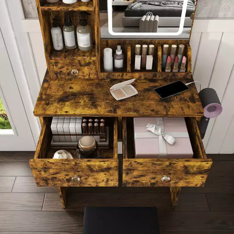 Coiffeuse avec tabouret, miroir lumineux 3 modes de couleur, support pour sèche-cheveux, prise de courant et tiroirs de rangement - ModernLuxe