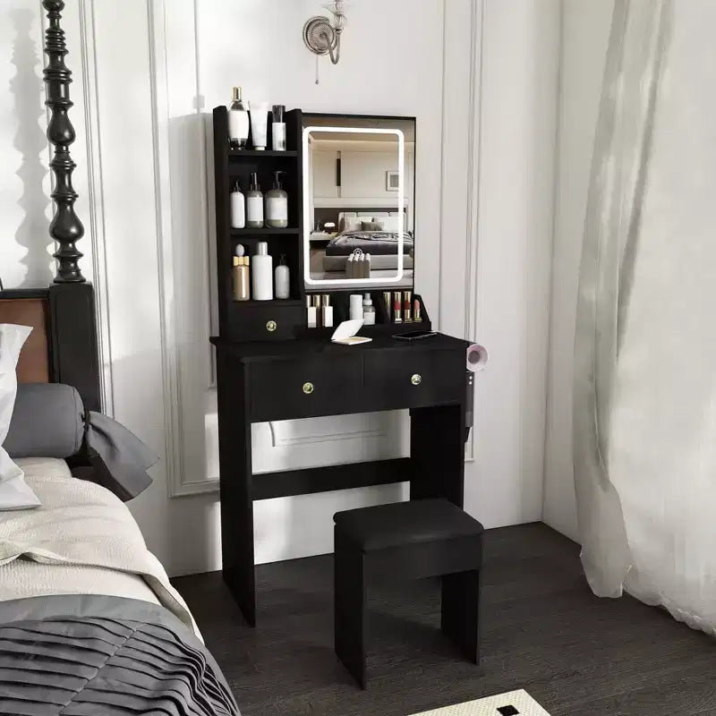 Coiffeuse avec tabouret, miroir lumineux 3 modes de couleur, support pour sèche-cheveux, prise de courant et tiroirs de rangement - ModernLuxe