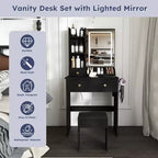 Coiffeuse avec tabouret, miroir lumineux 3 modes de couleur, support pour sèche-cheveux, prise de courant et tiroirs de rangement - ModernLuxe