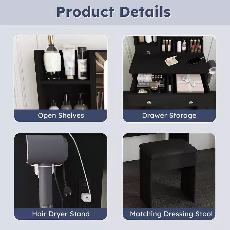 Coiffeuse avec tabouret, miroir lumineux 3 modes de couleur, support pour sèche-cheveux, prise de courant et tiroirs de rangement - ModernLuxe