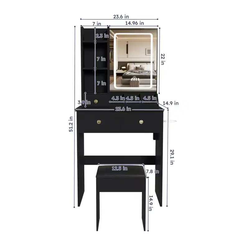 Coiffeuse avec tabouret, miroir lumineux 3 modes de couleur, support pour sèche-cheveux, prise de courant et tiroirs de rangement - ModernLuxe