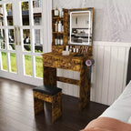 Coiffeuse avec tabouret, miroir lumineux 3 modes de couleur, support pour sèche-cheveux, prise de courant et tiroirs de rangement - ModernLuxe