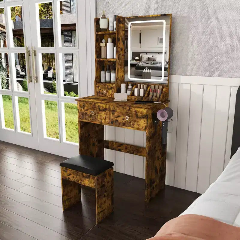 Coiffeuse avec tabouret, miroir lumineux 3 modes de couleur, support pour sèche-cheveux, prise de courant et tiroirs de rangement - ModernLuxe
