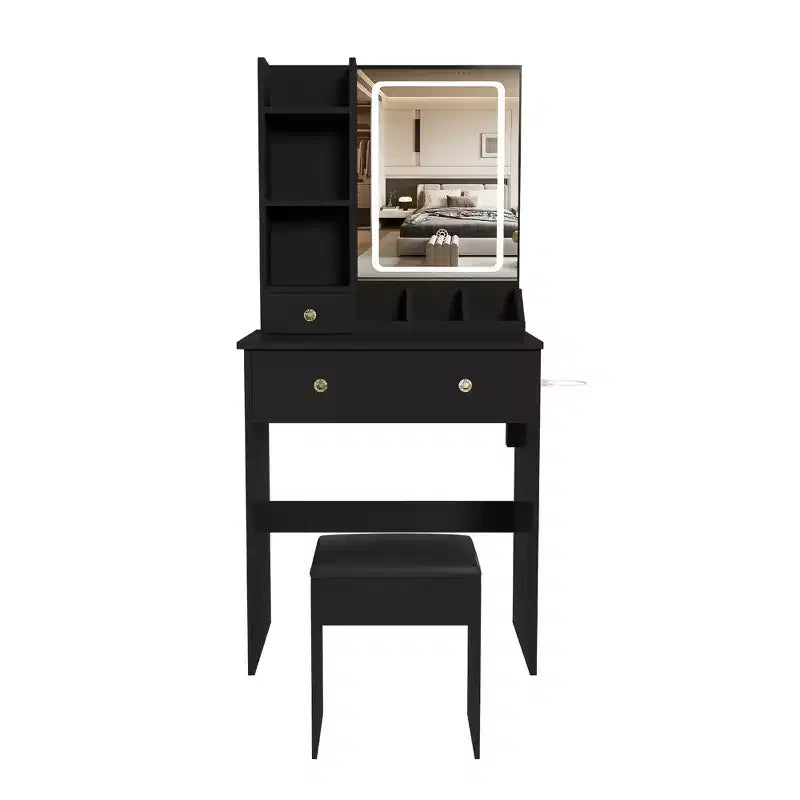 Coiffeuse avec tabouret, miroir lumineux 3 modes de couleur, support pour sèche-cheveux, prise de courant et tiroirs de rangement - ModernLuxe