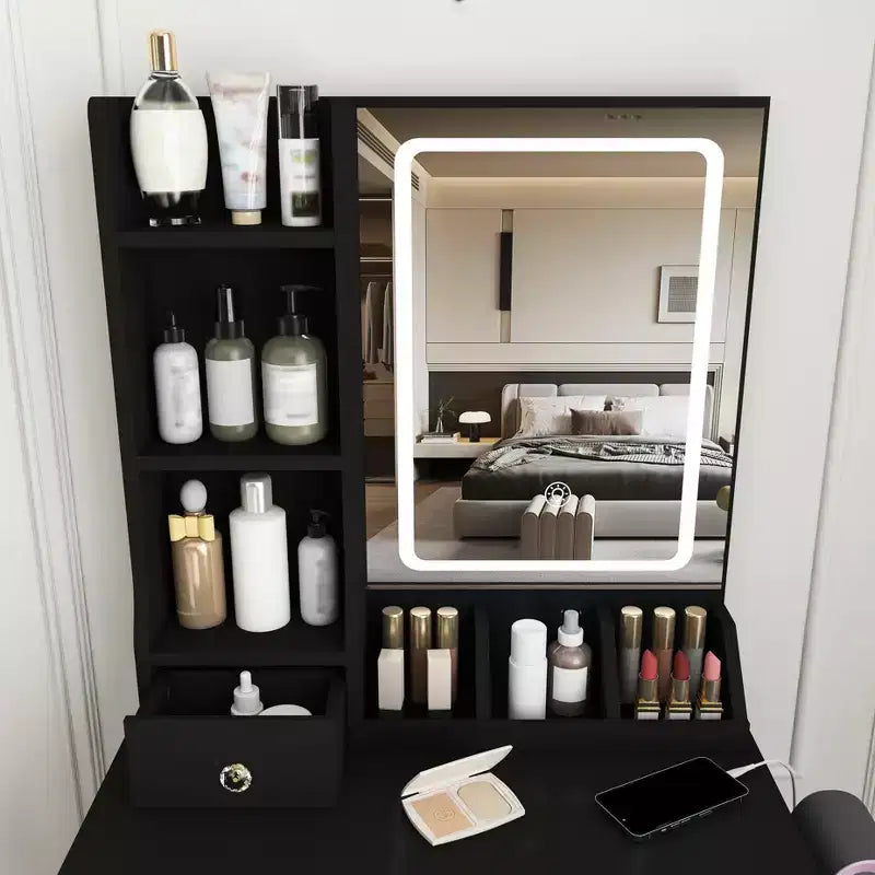 Coiffeuse avec tabouret, miroir lumineux 3 modes de couleur, support pour sèche-cheveux, prise de courant et tiroirs de rangement - ModernLuxe