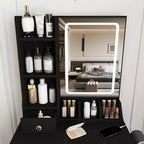 Coiffeuse avec tabouret, miroir lumineux 3 modes de couleur, support pour sèche-cheveux, prise de courant et tiroirs de rangement - ModernLuxe