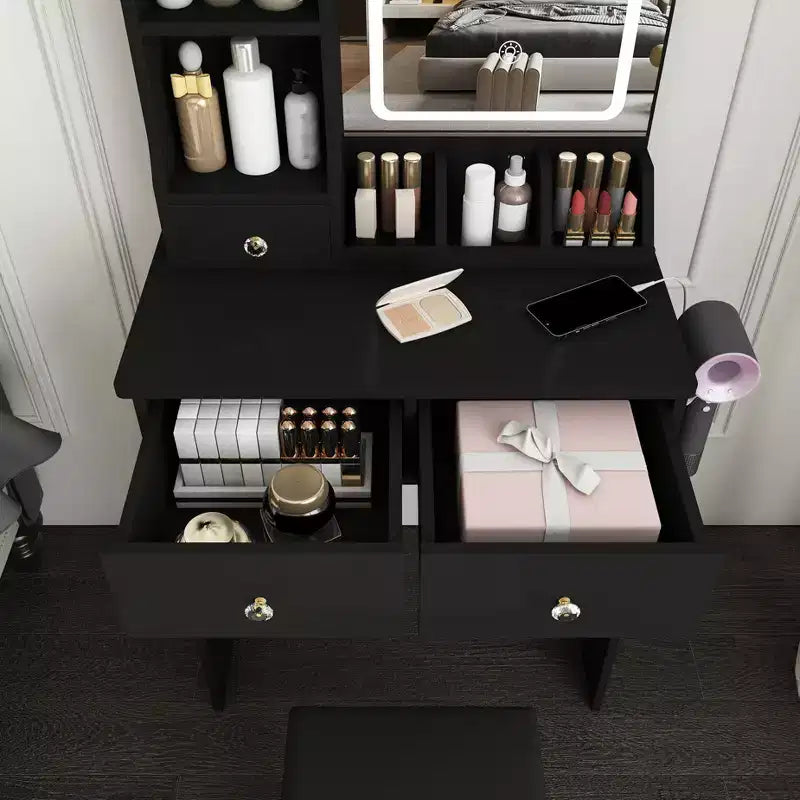 Coiffeuse avec tabouret, miroir lumineux 3 modes de couleur, support pour sèche-cheveux, prise de courant et tiroirs de rangement - ModernLuxe