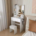 Coiffeuse avec tabouret, miroir lumineux 3 modes de couleur, support pour sèche-cheveux, prise de courant et tiroirs de rangement - ModernLuxe