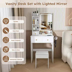Coiffeuse avec tabouret, miroir lumineux 3 modes de couleur, support pour sèche-cheveux, prise de courant et tiroirs de rangement - ModernLuxe