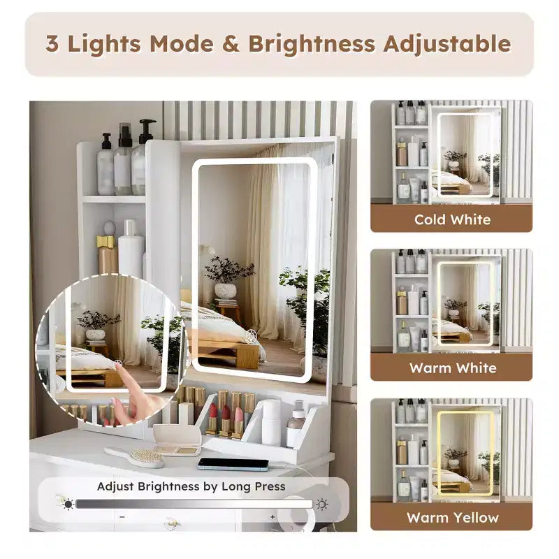 Coiffeuse avec tabouret, miroir lumineux 3 modes de couleur, support pour sèche-cheveux, prise de courant et tiroirs de rangement - ModernLuxe