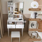 Coiffeuse avec tabouret, miroir lumineux 3 modes de couleur, support pour sèche-cheveux, prise de courant et tiroirs de rangement - ModernLuxe