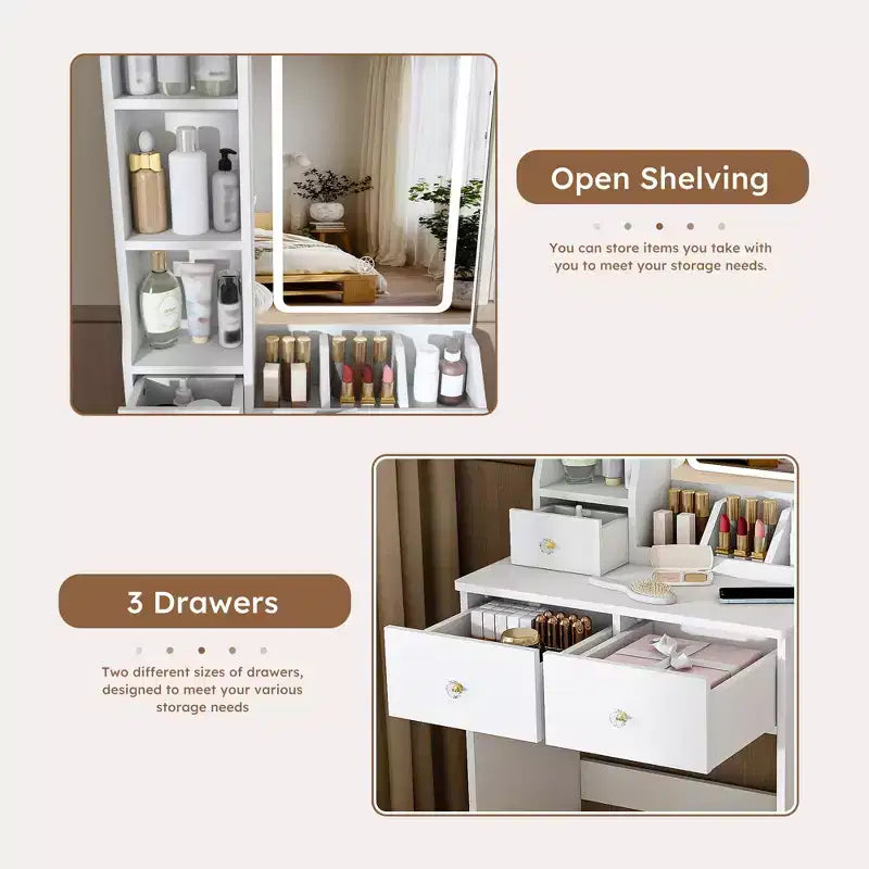 Coiffeuse avec tabouret, miroir lumineux 3 modes de couleur, support pour sèche-cheveux, prise de courant et tiroirs de rangement - ModernLuxe