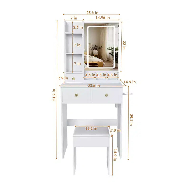 Coiffeuse avec tabouret, miroir lumineux 3 modes de couleur, support pour sèche-cheveux, prise de courant et tiroirs de rangement - ModernLuxe