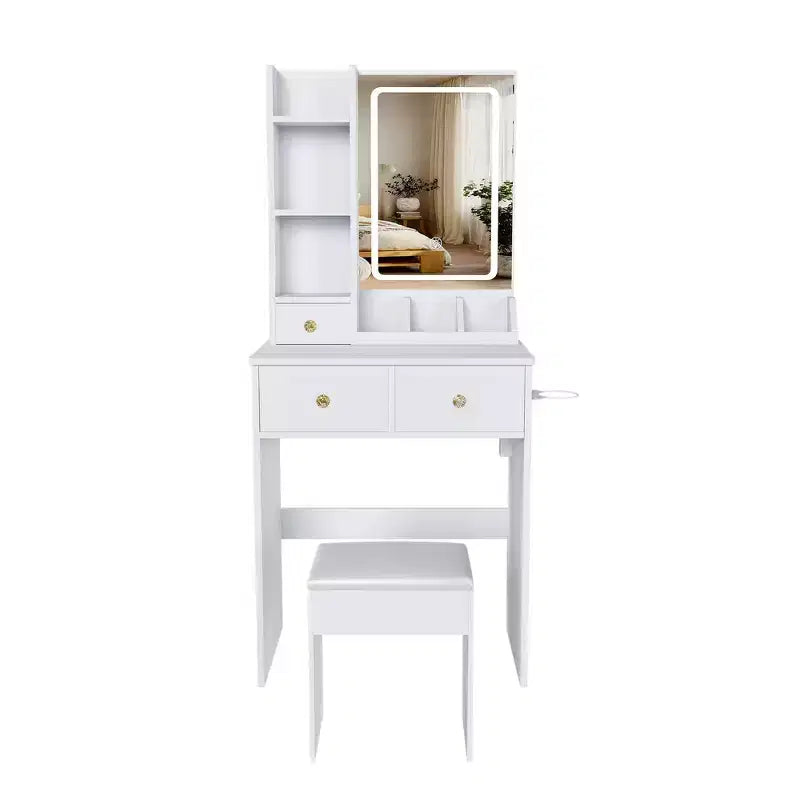 Coiffeuse avec tabouret, miroir lumineux 3 modes de couleur, support pour sèche-cheveux, prise de courant et tiroirs de rangement - ModernLuxe