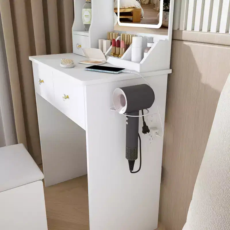 Coiffeuse avec tabouret, miroir lumineux 3 modes de couleur, support pour sèche-cheveux, prise de courant et tiroirs de rangement - ModernLuxe