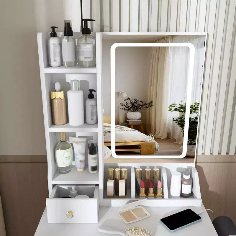 Coiffeuse avec tabouret, miroir lumineux 3 modes de couleur, support pour sèche-cheveux, prise de courant et tiroirs de rangement - ModernLuxe