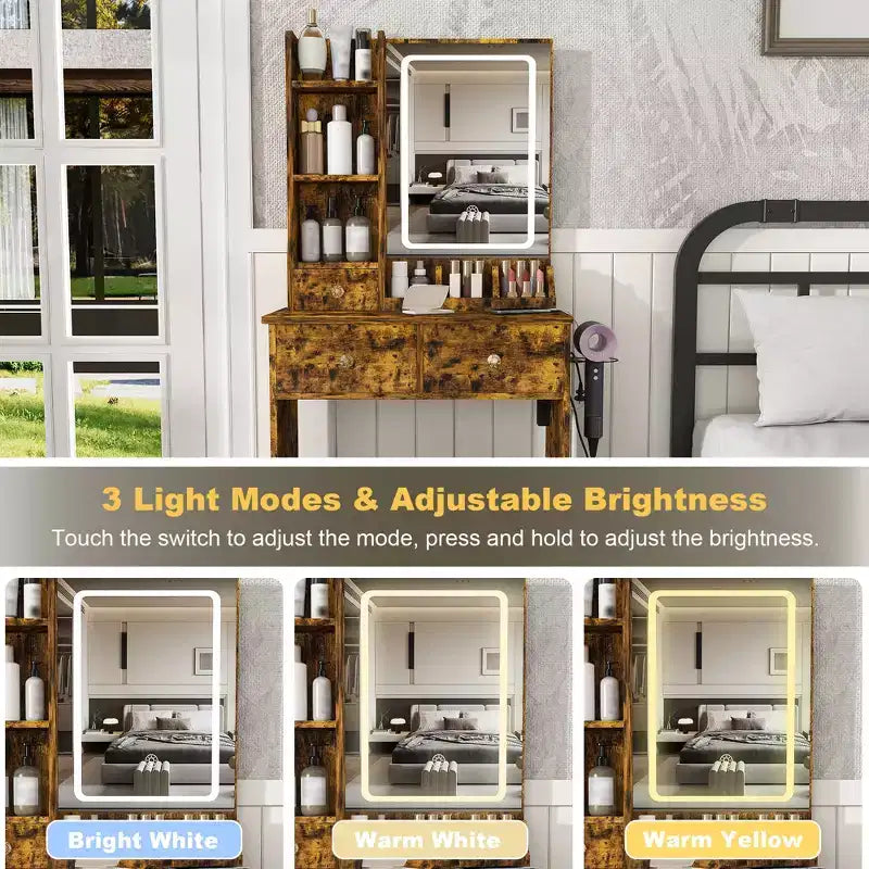 Coiffeuse avec tabouret, miroir lumineux 3 modes de couleur, support pour sèche-cheveux, prise de courant et tiroirs de rangement - ModernLuxe
