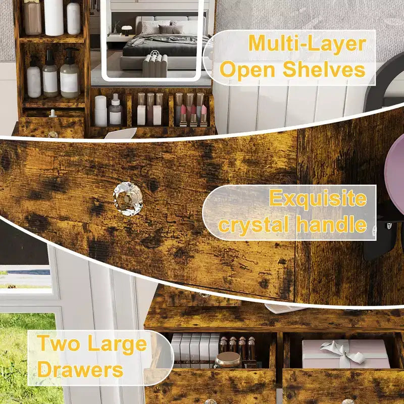 Coiffeuse avec tabouret, miroir lumineux 3 modes de couleur, support pour sèche-cheveux, prise de courant et tiroirs de rangement - ModernLuxe