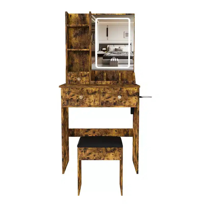 Coiffeuse avec tabouret, miroir lumineux 3 modes de couleur, support pour sèche-cheveux, prise de courant et tiroirs de rangement - ModernLuxe