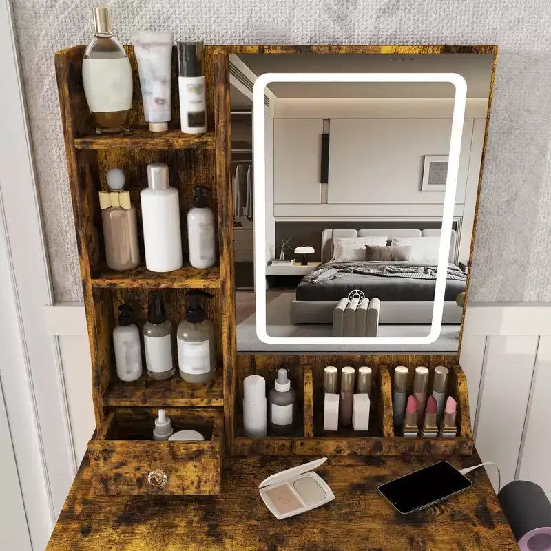 Coiffeuse avec tabouret, miroir lumineux 3 modes de couleur, support pour sèche-cheveux, prise de courant et tiroirs de rangement - ModernLuxe