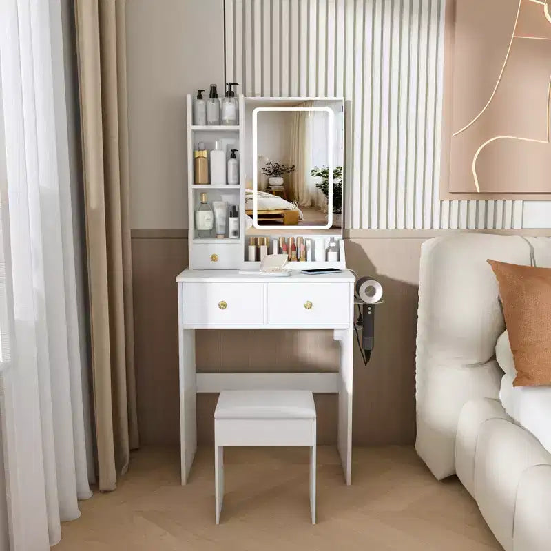 Coiffeuse avec tabouret, miroir lumineux 3 modes de couleur, support pour sèche-cheveux, prise de courant et tiroirs de rangement - ModernLuxe