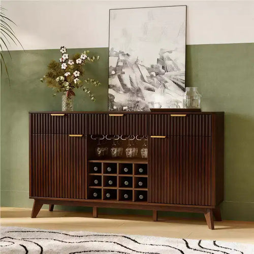 60 Fluted Wood Liquor Cabinet & Coffee Bar Station, Modern Whiskey Storage Hutch Buffet Sideboard with Wine Glass Rack Shelves for Dining Room