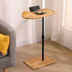 Bamboo Height Adjustable C-Shape Side Table, Oval Rectangle Sofa Tray Table with Phone Slot Wine Glass Holder