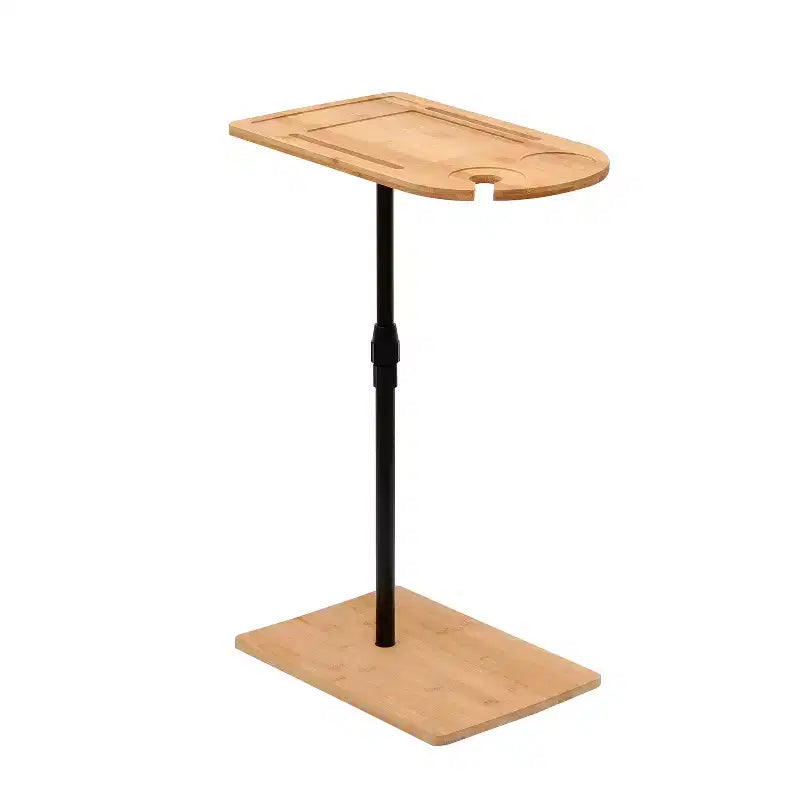 Table d'appoint en bambou réglable en hauteur en forme de C, table de plateau de canapé ovale rectangulaire avec fente pour téléphone et porte-verre à vin