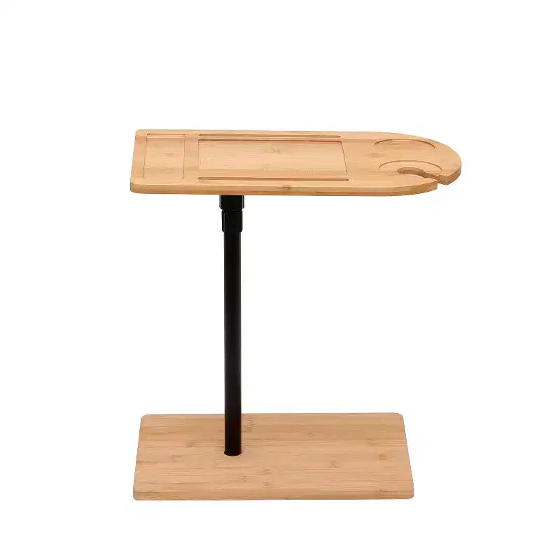 Table d'appoint en bambou réglable en hauteur en forme de C, table de plateau de canapé ovale rectangulaire avec fente pour téléphone et porte-verre à vin