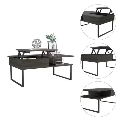 Table basse relevable Armin Espresso Onyx avec pieds en métal, une étagère ouverte, table de rangement moderne pour salon