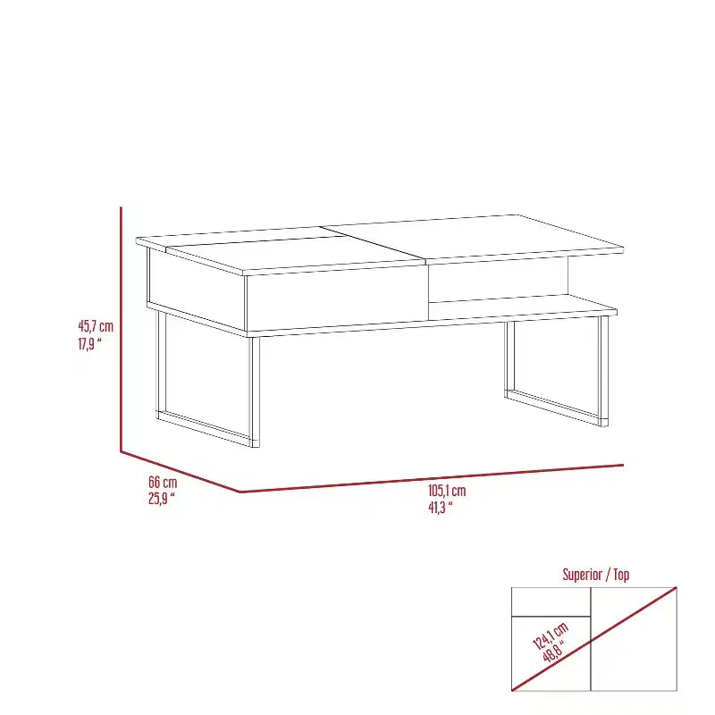 Table basse relevable Armin Espresso Onyx avec pieds en métal, une étagère ouverte, table de rangement moderne pour salon
