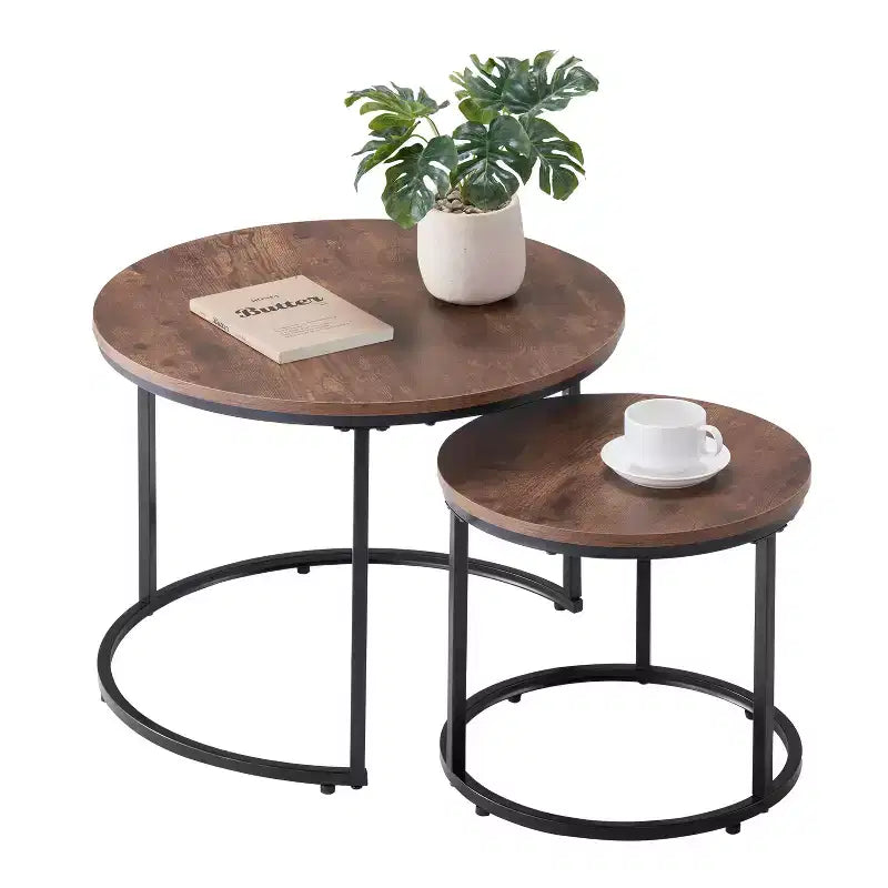 2 Piece Vintage Brown Black Nesting Coffee Table Set, 23.6 Round Metal Frame End Side Tables for Small Living Space