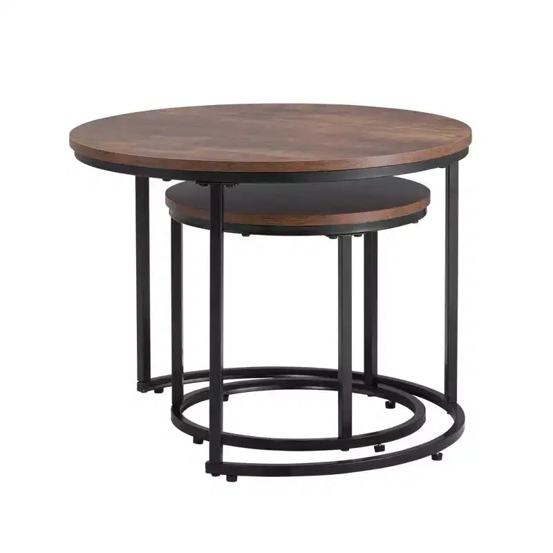 Lot de 2 tables basses gigognes vintage marron et noir, tables d'appoint rondes à cadre métallique de 60 cm pour petit salon