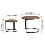 Lot de 2 tables basses gigognes vintage marron et noir, tables d'appoint rondes à cadre métallique de 60 cm pour petit salon