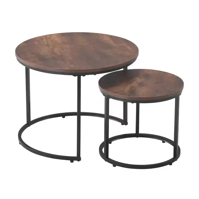 Lot de 2 tables basses gigognes vintage marron et noir, tables d'appoint rondes à cadre métallique de 60 cm pour petit salon
